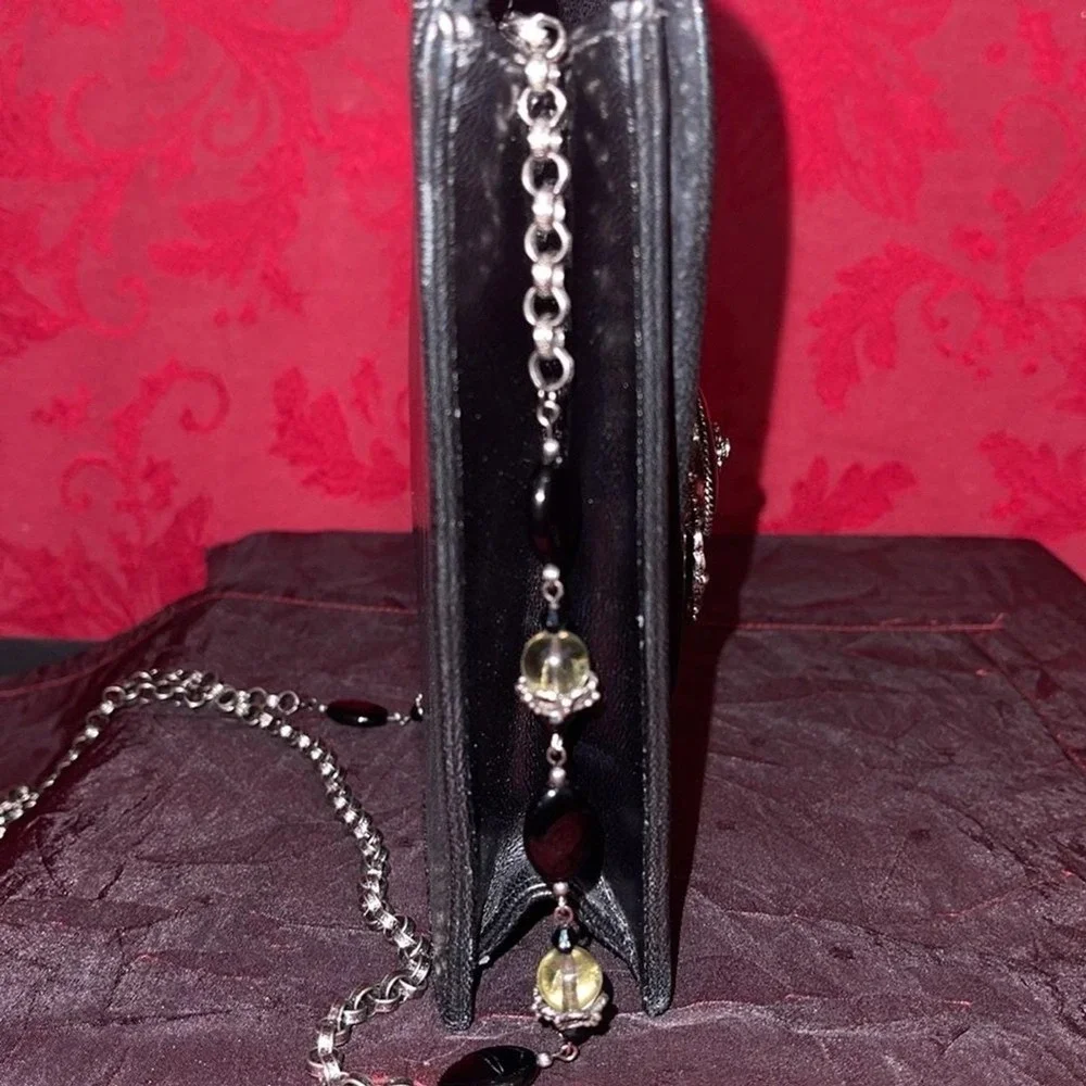 Todd Anthony‎ Leather Saddle Bag Black Onyx Metal Embellishment Beaded Chain.